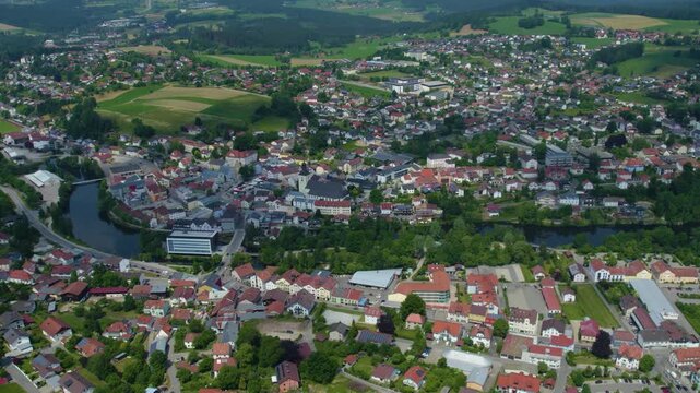 Aerial panoramic view of the city and old town of Regen, Bavaria in Germany on a sunny day in summer.