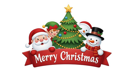 Christmas characters and tree with merry christmas banner isolated on transparent background