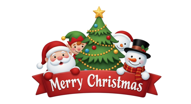 Christmas characters and tree with merry christmas banner isolated on transparent background