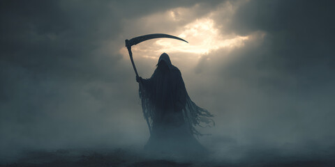 Grim reaper with scythe under a stormy sky