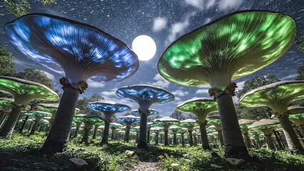 Glowing giant mushrooms starry night full moon cyan fog bioluminescent rim light
- Powered by Adobe