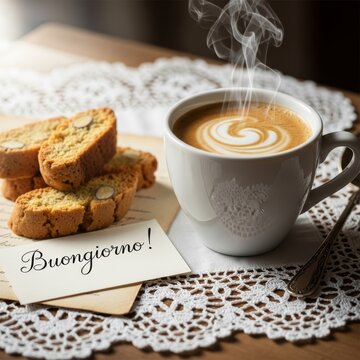 Steaming hot coffee with latte art and biscotti on a lace tablecloth with a Buongiorno note.