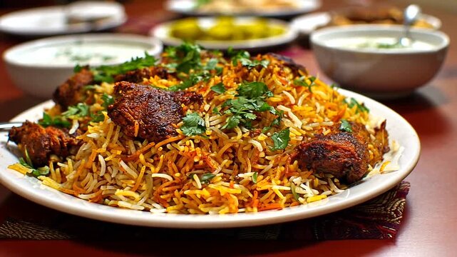 Delicious chicken biryani with rice and herbs served on a white plate