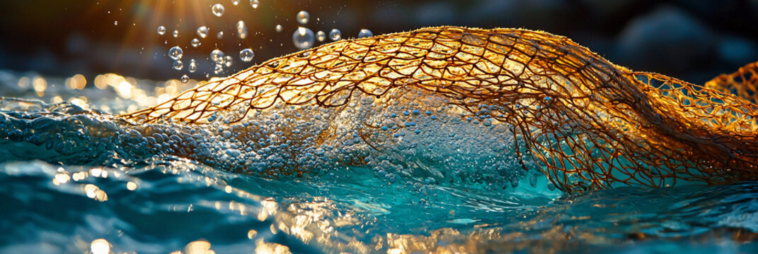 Fishing net descends into clear turquoise waters during sunset Generative AI