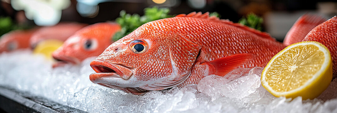 Fresh red snapper served on ice at local seafood market Generative AI