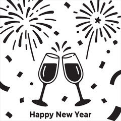 New Year's Eve Champagne Toast Icon  Cheers, Fireworks, and Confetti Celebration Glyph Vector