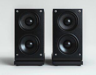 Fototapeta premium Pair of modern black dual-driver speakers on a clean white background, showcasing sleek design and audio equipment