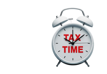 A classic alarm clock with tax time written on its face, isolated on transparent background