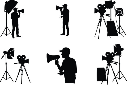 Film director with megaphone and vintage movie camera under studio lights, filmmaking process vector illustration for cinema production, creative video, and film industry design