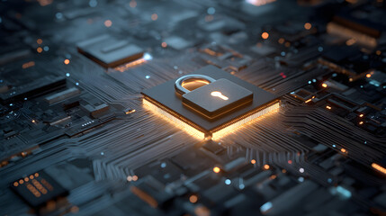 Cybersecurity concept depicting a padlock on top of a microchip board, symbolizing protection, safety, and secure connections in the digital world. Generative AI