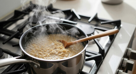 Cooking oatmeal in pot with steam rising on kitchen stove  