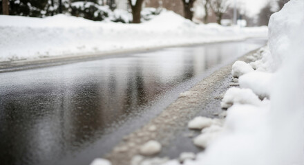 Snow-covered road with melting ice and wet pavement in winter  