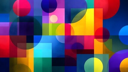 Vibrant geometric composition featuring overlapping translucent shapes and a rich spectrum of colors