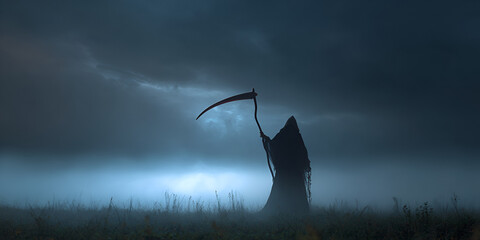 Grim reaper holding scythe in foggy field under stormy sky