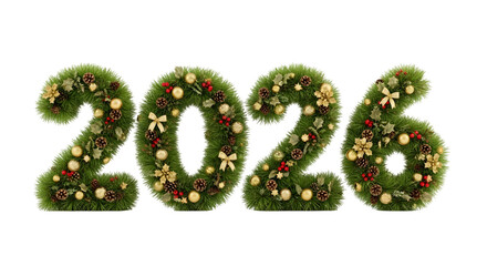 Green christmas garland numbers 2026 isolated on transparent background