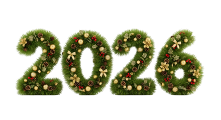 Green christmas garland numbers 2026 isolated on transparent background