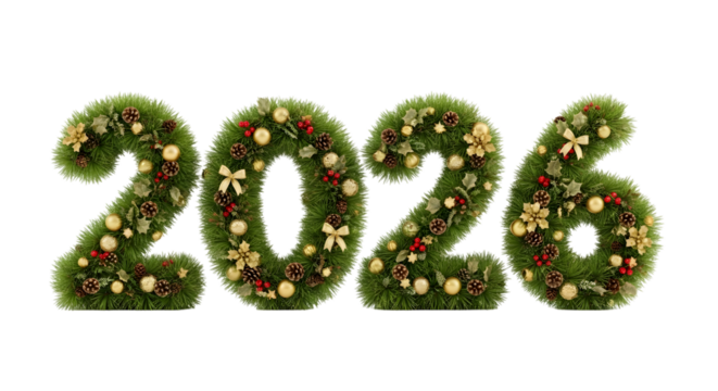 Green christmas garland numbers 2026 isolated on transparent background