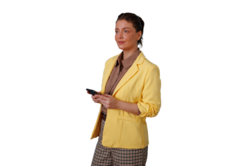 Confident businesswoman holding mobile phone, looking away, planning future career, professional concept, with transparent background