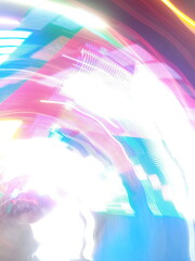 Colorful, fluorescent swirls of light create a dynamic and energetic abstract composition. Blurred streaks of purple, blue, and gold give the impression of rapid, surreal movement.