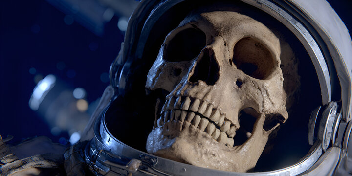 Close-up of skull inside astronaut helmet with space backdrop