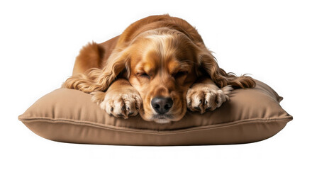 Golden cocker spaniel dog sleeping soundly on a comfy pillow