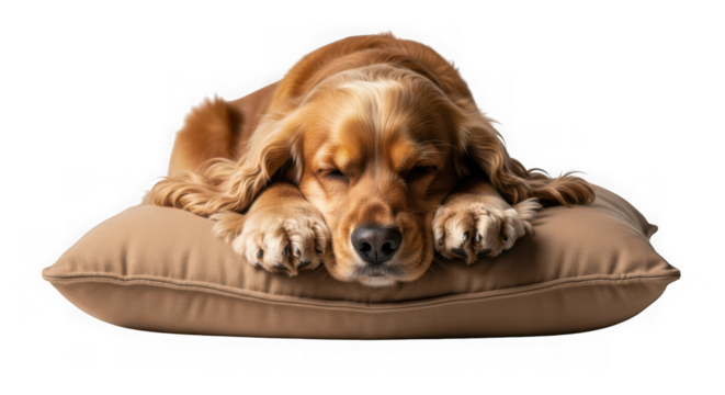 Golden cocker spaniel dog sleeping soundly on a comfy pillow