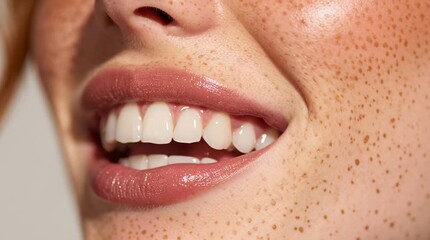 Extreme close-up of a smiling woman with white straight teeth and glossy lips. The skin shows natural freckles and healthy texture. Ideal for dental, beauty, or skincare concepts. - Powered by Adobe