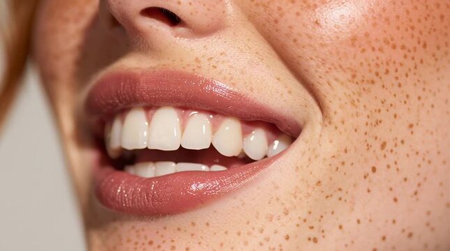 Extreme close-up of a smiling woman with white straight teeth and glossy lips. The skin shows natural freckles and healthy texture. Ideal for dental, beauty, or skincare concepts.