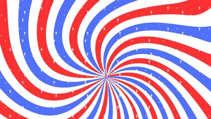 “Retro hypnotic spiral pattern with alternating red, blue, and white curved rays converging at the center, vintage psychedelic swirl design with subtle grain texture, bold abstract background ideal 