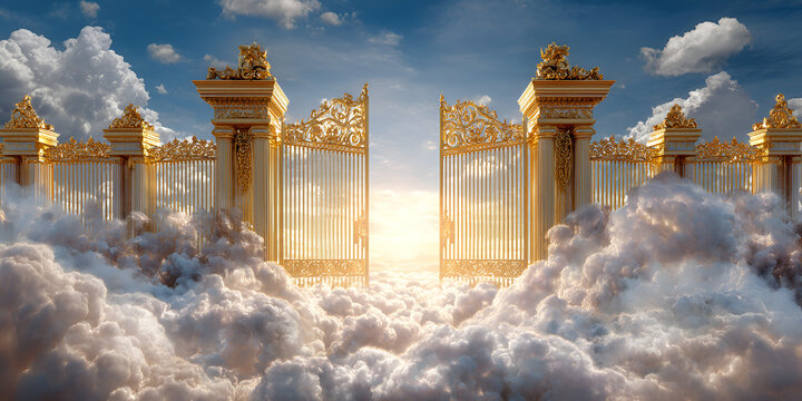 Heavenly golden gates opening in glowing clouds with divine light