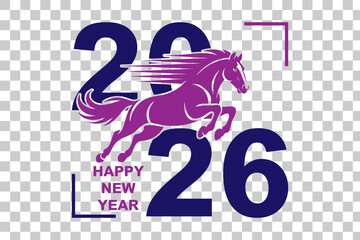 Happy New Year 2026 Typography Design with Running Horse Silhouette, Stylish Purple and Blue Color Vector Illustration for Holiday Greeting and Celebration