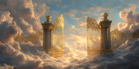 Fototapeta premium Heavenly golden gates opening in glowing clouds with divine light
