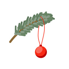 Vintage Christmas illustration of a Christmas tree branch with a red ball. Festive decor, greeting cards and cozy festive design.

