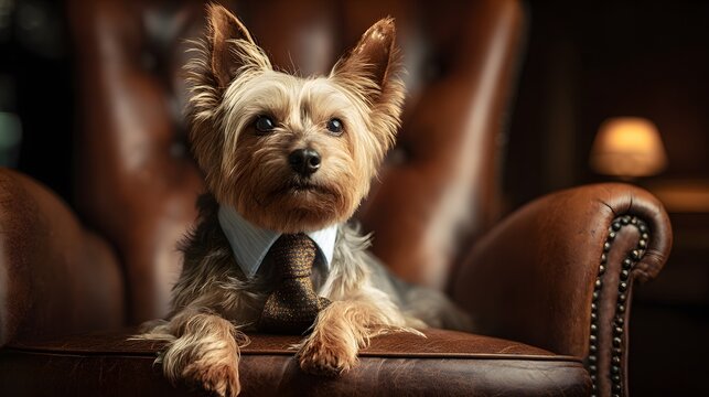 Small canine companion wearing formal attire rests comfortably in large leather furniture - Powered by Adobe