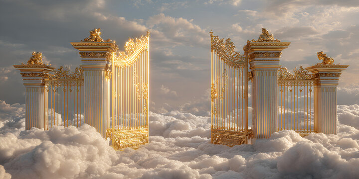Majestic golden gates of heaven opening through dramatic clouds - Powered by Adobe