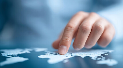 Hand placing puzzle pieces forming world defocused blue map, faceless teamwork symbol, global visualization detail, blurred digital background, collaboration concept, innovation in