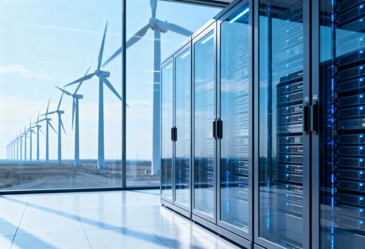 Modern data center racks glowing blue, viewed through a window showing a sustainable wind farm.