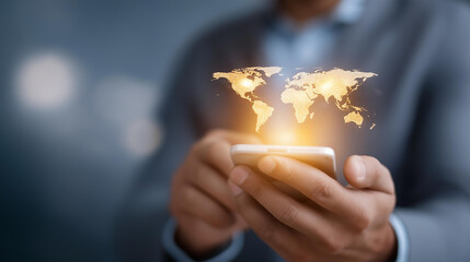 Businessman holding smartphone with glowing defocused world map, faceless mobile connectivity, global visualization detail, blurred network background, connection concept, expansio