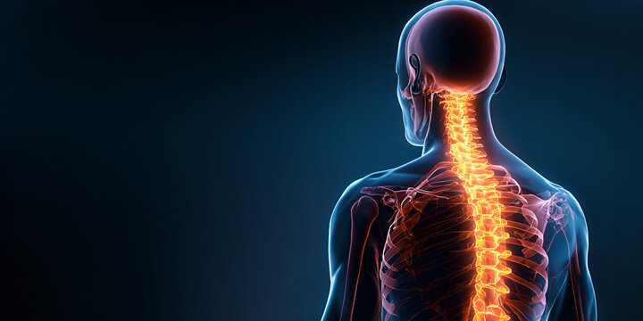 3D medical illustration of glowing spinal column in human back view