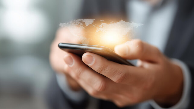 Businessman holding smartphone with glowing defocused world map, faceless mobile connectivity, global visualization detail, blurred network background, connection concept, expansio