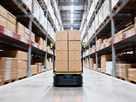 Autonomous mobile robot transports stacked cardboard boxes quickly down a long, modern warehouse aisle.