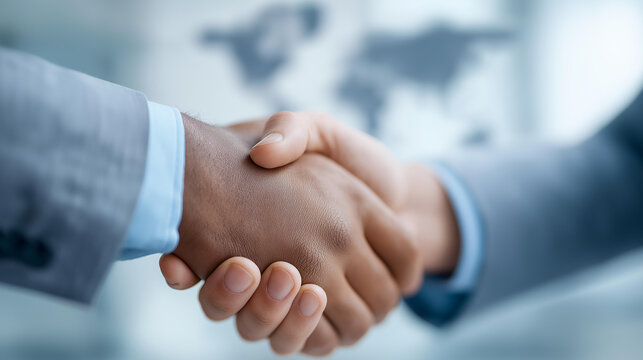 Business handshake with global deal defocused world map, faceless partnership agreement, collaboration visualization detail, blurred international background, contract concept, fin