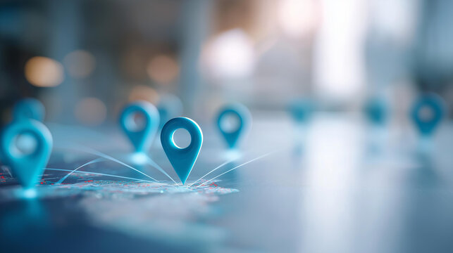 Global network with travel routes defocused location pins, faceless connections visualization, geographical detail, blurred digital background, international concept, navigation in