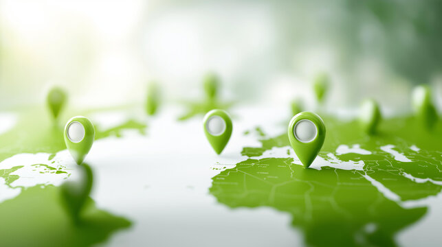 Green 3D world map with location defocused markers, faceless global navigation, geographical visualization detail, blurred background setting, international concept, position inter - Powered by Adobe