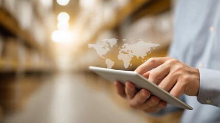 Person using tablet with world map defocused warehouse overlay, faceless global logistics, distribution visualization detail, blurred storage background, international concept, sup