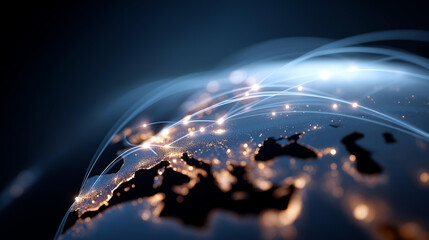 Data traffic visualization Earth centered defocused Europe, faceless network flow, electric visualization detail, blurred pattern background, global communication concept, digital