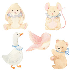Watercolor baby animals set. Cute bunny, mouse, goose, bird and bear. Hand drawn illustrations for baby shower, birthday parties and nursery.