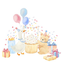 Baby birthday composition with pink, blue and beige elements. Watercolor hand drawn illustrations. Pastel color for kids party.