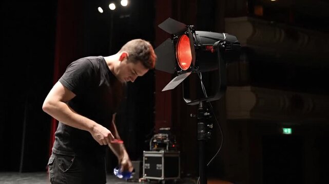 A stage technician adjusts a large red spotlight during a theater production setup