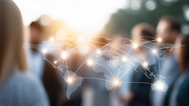 Global network visualization with interconnected defocused world lines, faceless communication concept, technology visualization detail, blurred map background, worldwide connectio - Powered by Adobe